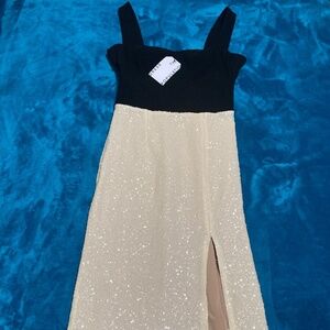 NWT-Dress the Population Malise Midi Cocktail Dress Black & Champagne Sequins